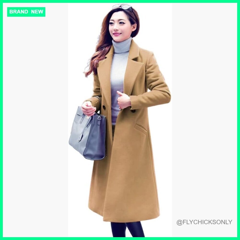 Long Wool Coat Slim Fit Pea Coat Knee Length Notch Collar